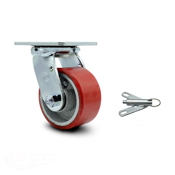 4 Inch Red Poly on Cast Iron Swivel Caster with Ball Bearing and Swivel Lock SCC